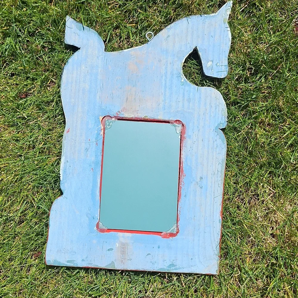 Vintage Folk Art Carved Zebra Wooden Mirror Colorful Floral Boho Handmade